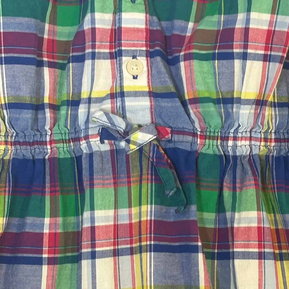Ralph Lauren girls adjustable sleeve cotton blue plaid preppy smocked dress 16